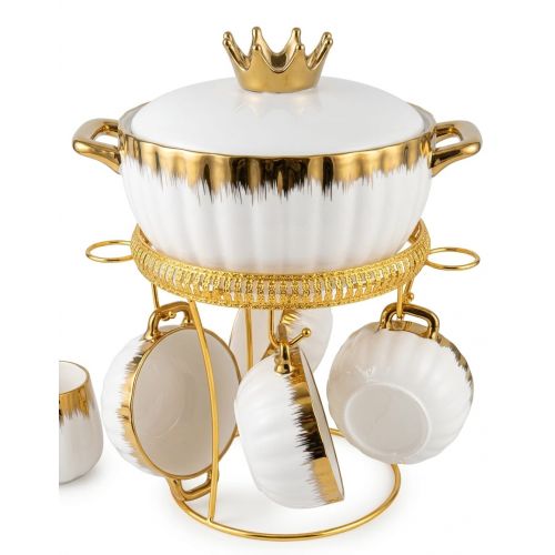 Antique Bone china 8PCs white golden soup set with metal stand